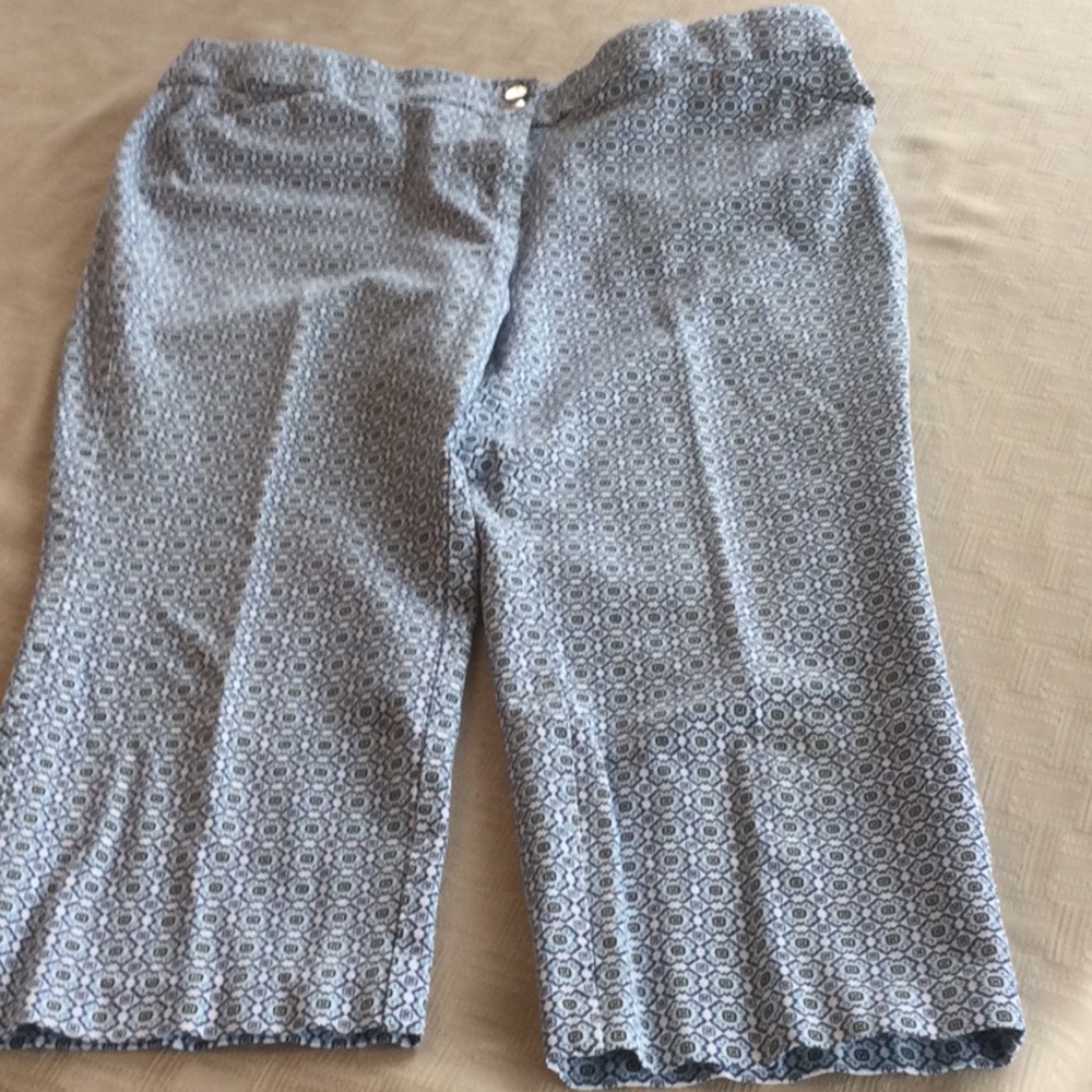 Chico White with blue geometric shapes. Capris with zippered front.